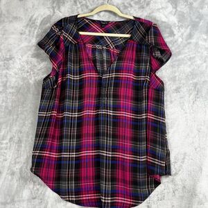 TORRiD Women Blouse‎ Plaid  1XL Black & Pink Short Sleeve V-Neck Chiffon